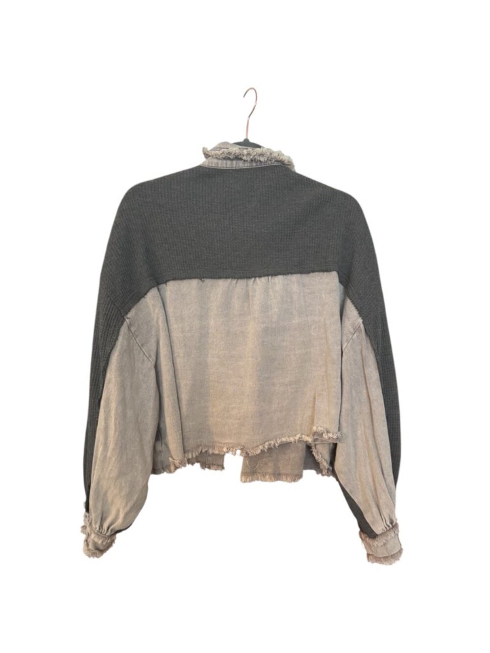 POL Mixed Media Denim Waffle Knit Jacket L Gray Raw Hem Cropped Boho Shacket - Picture 2 of 6